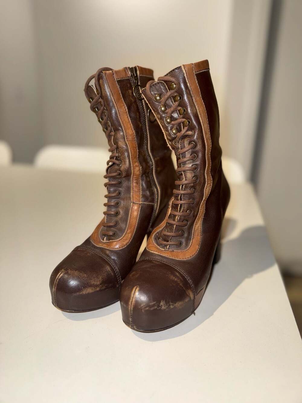 Jeffrey Campbell Brown Leather Tall Lace-Up Platform Boots Size 40 - Picture 2 of 8